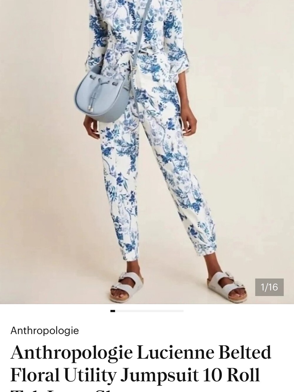 Anthropologie Floral Belted Utility Jumpsuit in Blue and White